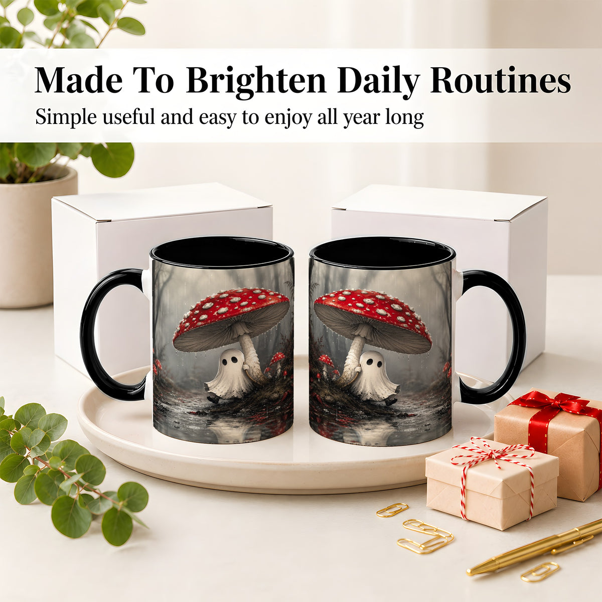 #pl[11oz|Black] Rainy Mushroom Ghost Ceramic Mug, Spooky Forest Art for Ghost Fans