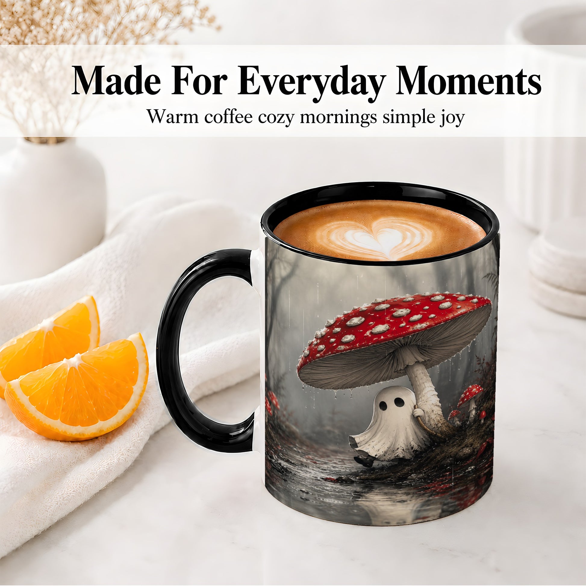 #pl[11oz|Black] Rainy Mushroom Ghost Ceramic Mug, Spooky Forest Art for Ghost Fans