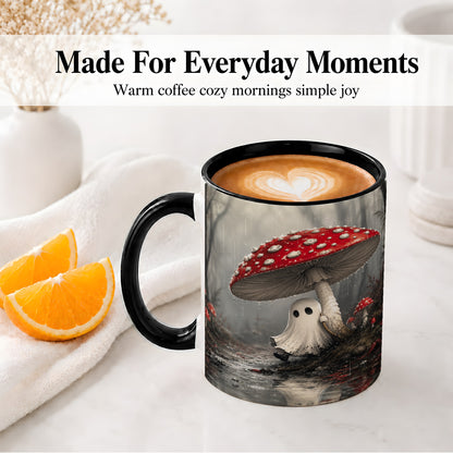 #pl[11oz|Black] Rainy Mushroom Ghost Ceramic Mug, Spooky Forest Art for Ghost Fans