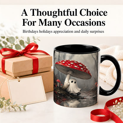 #pl[11oz|Black] Rainy Mushroom Ghost Ceramic Mug, Spooky Forest Art for Ghost Fans
