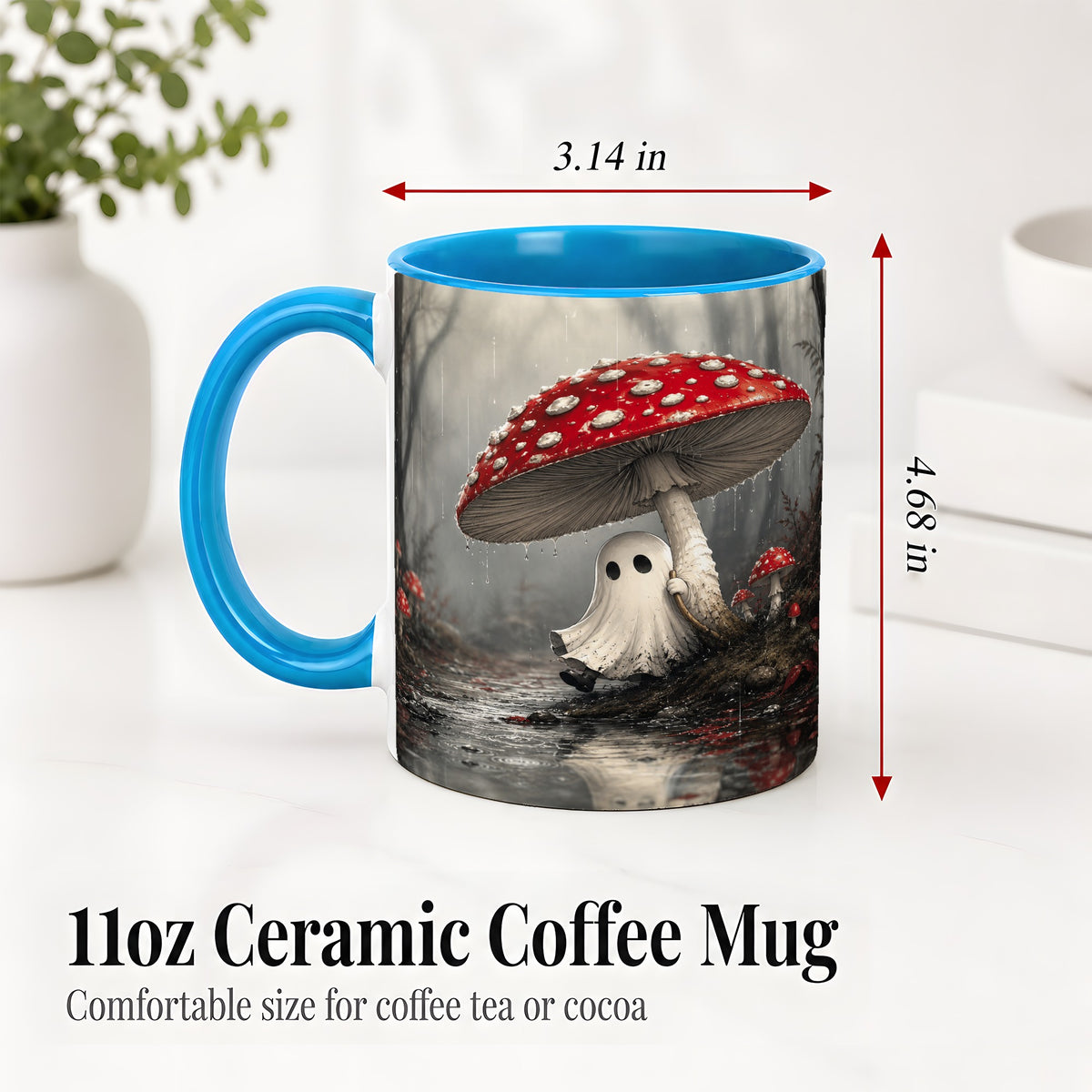 #pl[11oz|Blue] Rainy Mushroom Ghost Ceramic Mug, Spooky Forest Art for Ghost Fans