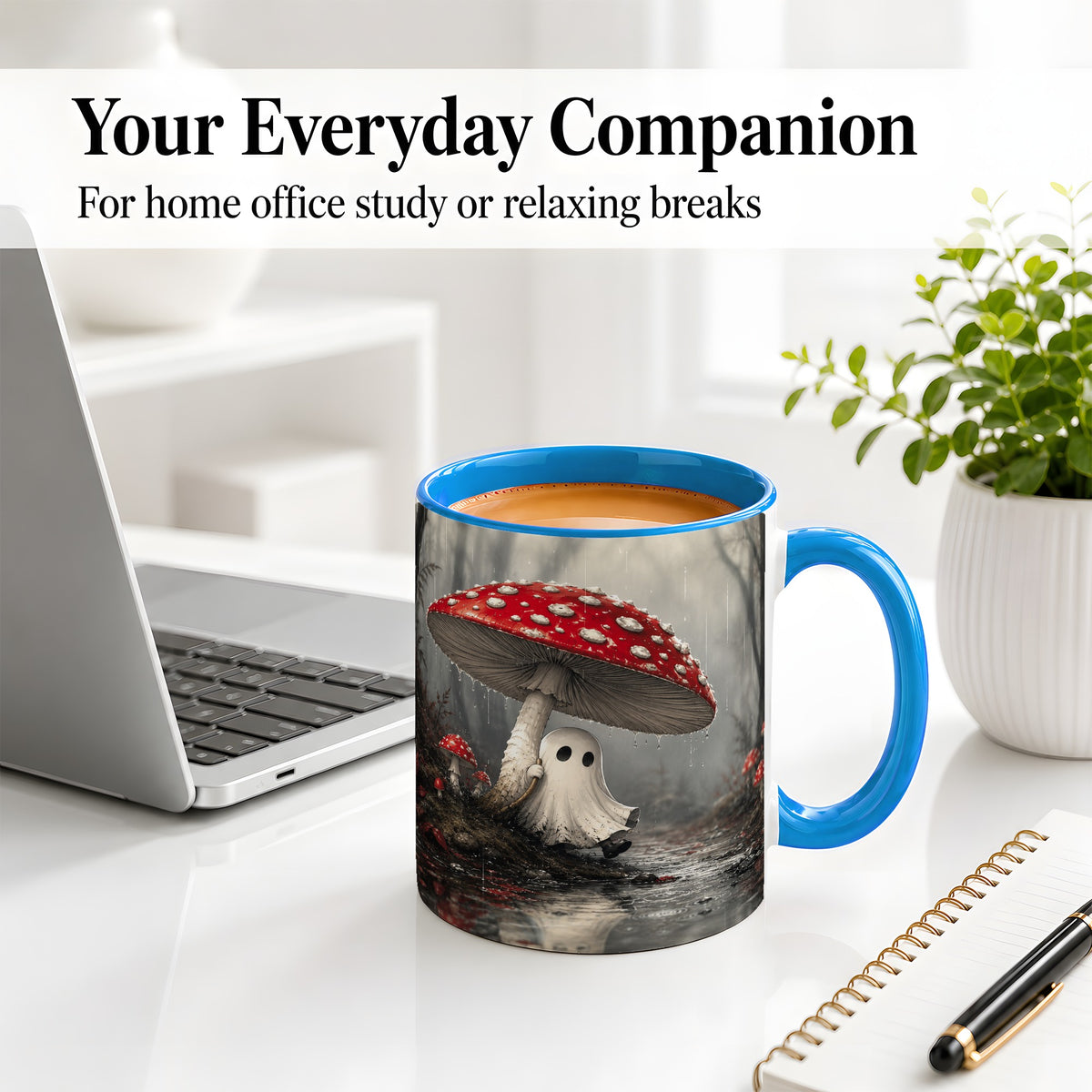#pl[11oz|Blue] Rainy Mushroom Ghost Ceramic Mug, Spooky Forest Art for Ghost Fans
