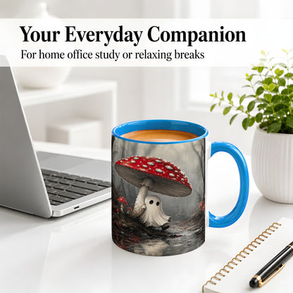 #pl[11oz|Blue] Rainy Mushroom Ghost Ceramic Mug, Spooky Forest Art for Ghost Fans