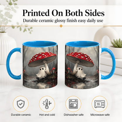 #pl[11oz|Blue] Rainy Mushroom Ghost Ceramic Mug, Spooky Forest Art for Ghost Fans