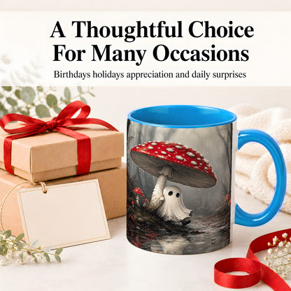 #pl[11oz|Blue] Rainy Mushroom Ghost Ceramic Mug, Spooky Forest Art for Ghost Fans