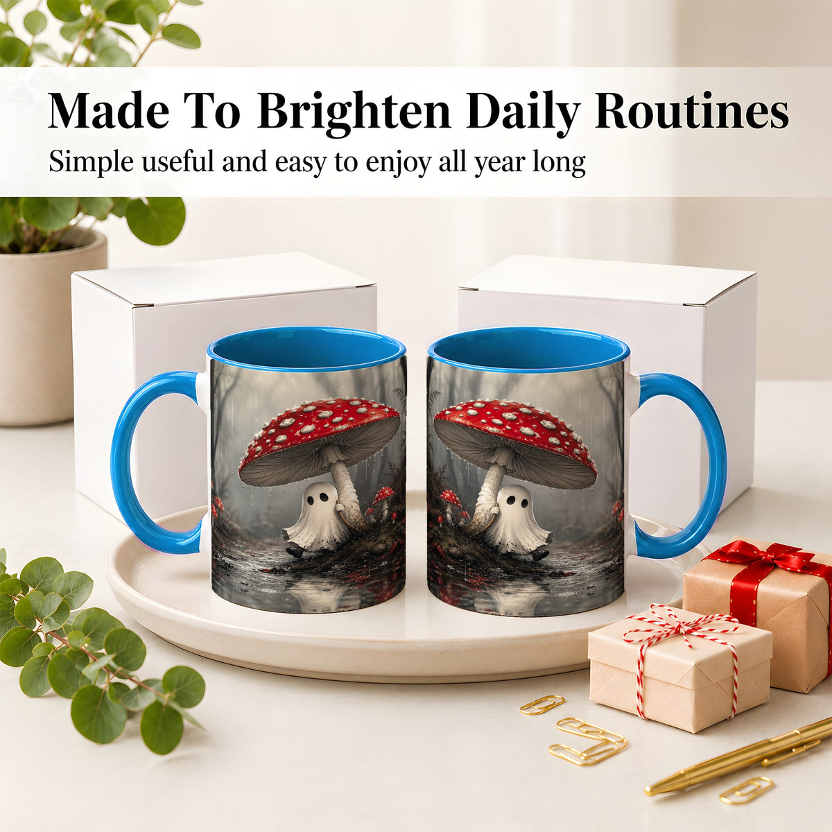 #pl[11oz|Blue] Rainy Mushroom Ghost Ceramic Mug, Spooky Forest Art for Ghost Fans