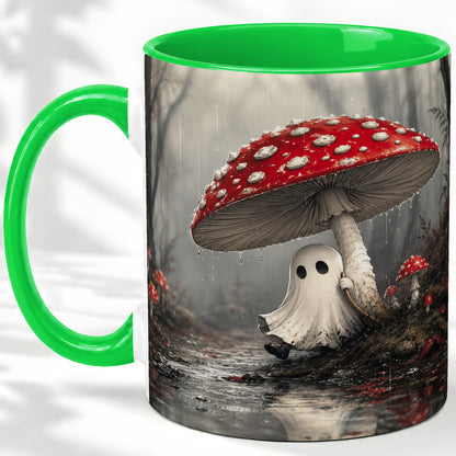 #pl[11oz|Green] Rainy Mushroom Ghost Ceramic Mug, Spooky Forest Art for Ghost Fans