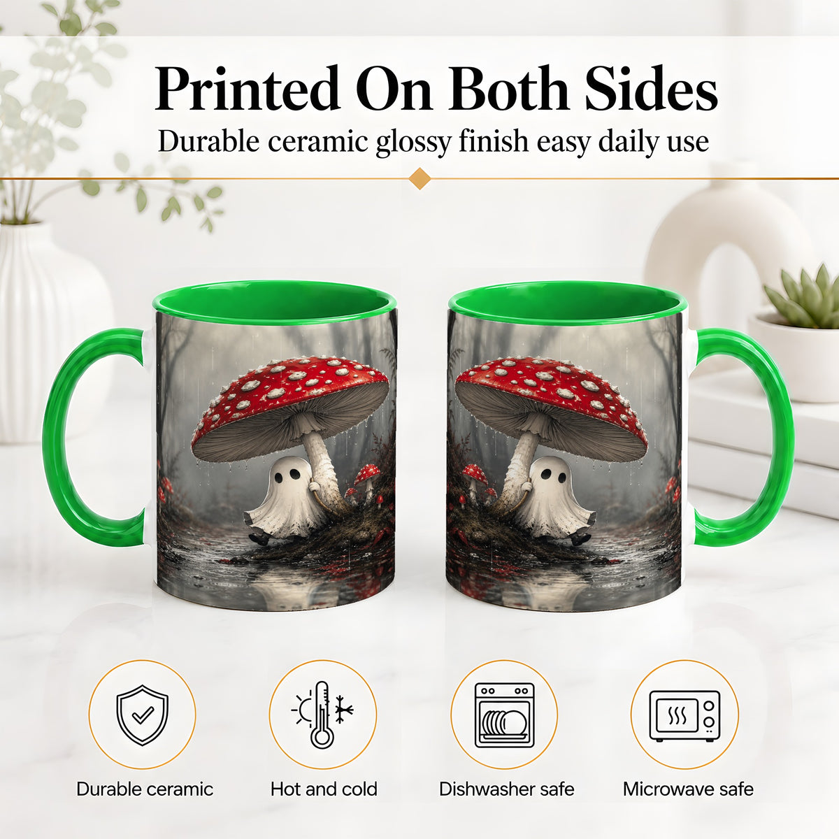 #pl[11oz|Green] Rainy Mushroom Ghost Ceramic Mug, Spooky Forest Art for Ghost Fans