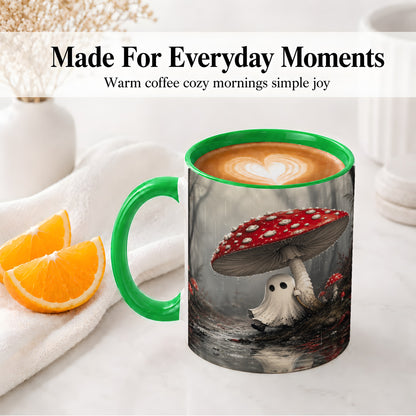 #pl[11oz|Green] Rainy Mushroom Ghost Ceramic Mug, Spooky Forest Art for Ghost Fans