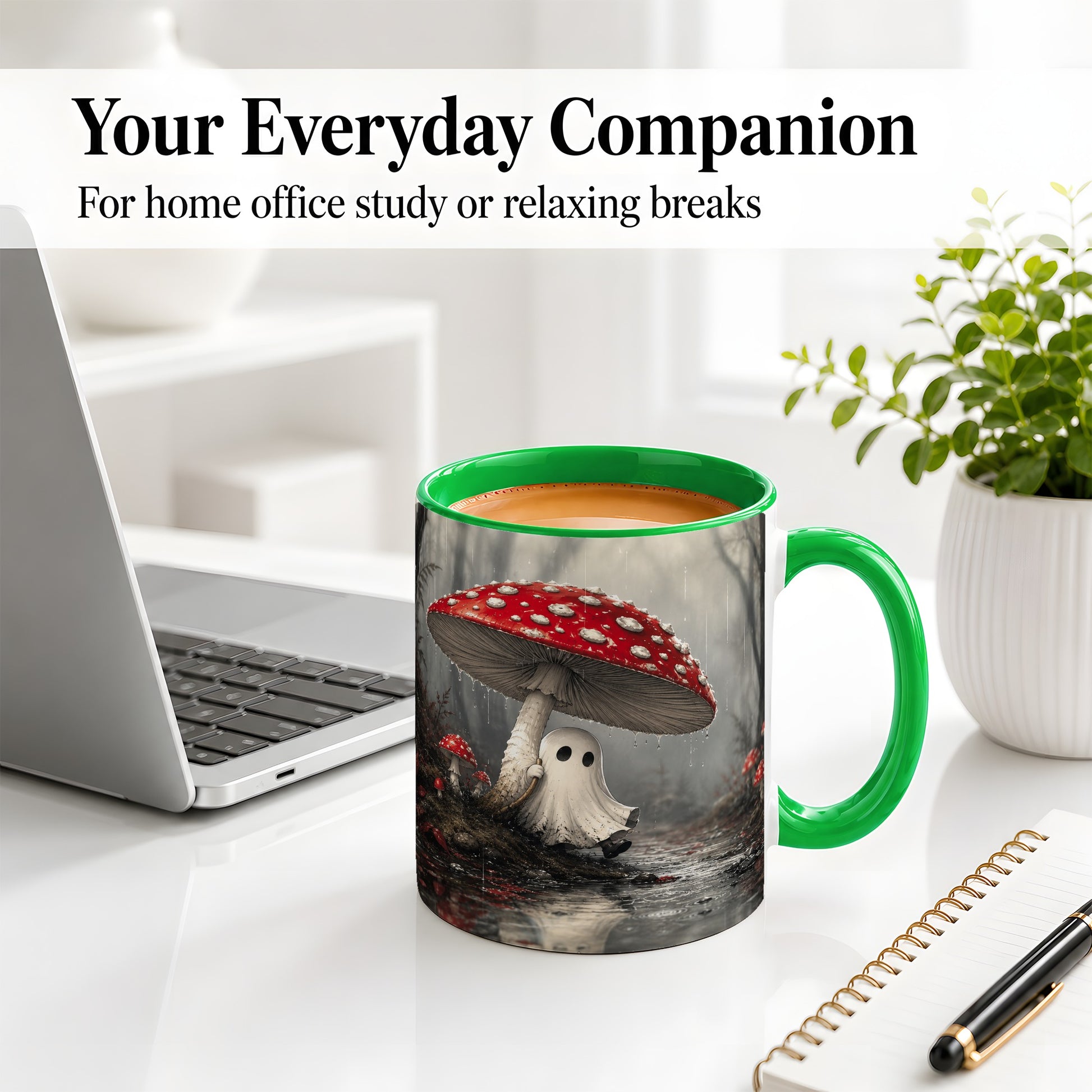 #pl[11oz|Green] Rainy Mushroom Ghost Ceramic Mug, Spooky Forest Art for Ghost Fans