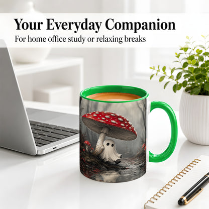 #pl[11oz|Green] Rainy Mushroom Ghost Ceramic Mug, Spooky Forest Art for Ghost Fans