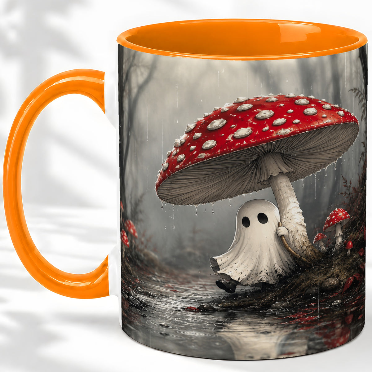 #pl[11oz|Orange] Rainy Mushroom Ghost Ceramic Mug, Spooky Forest Art for Ghost Fans