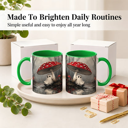 #pl[11oz|Green] Rainy Mushroom Ghost Ceramic Mug, Spooky Forest Art for Ghost Fans