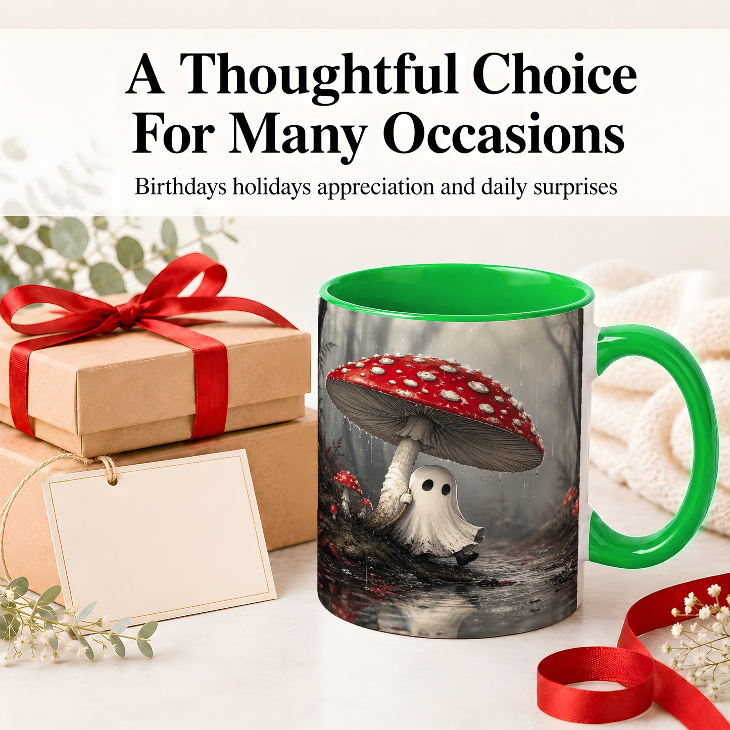 #pl[11oz|Green] Rainy Mushroom Ghost Ceramic Mug, Spooky Forest Art for Ghost Fans