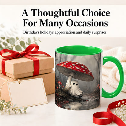 #pl[11oz|Green] Rainy Mushroom Ghost Ceramic Mug, Spooky Forest Art for Ghost Fans