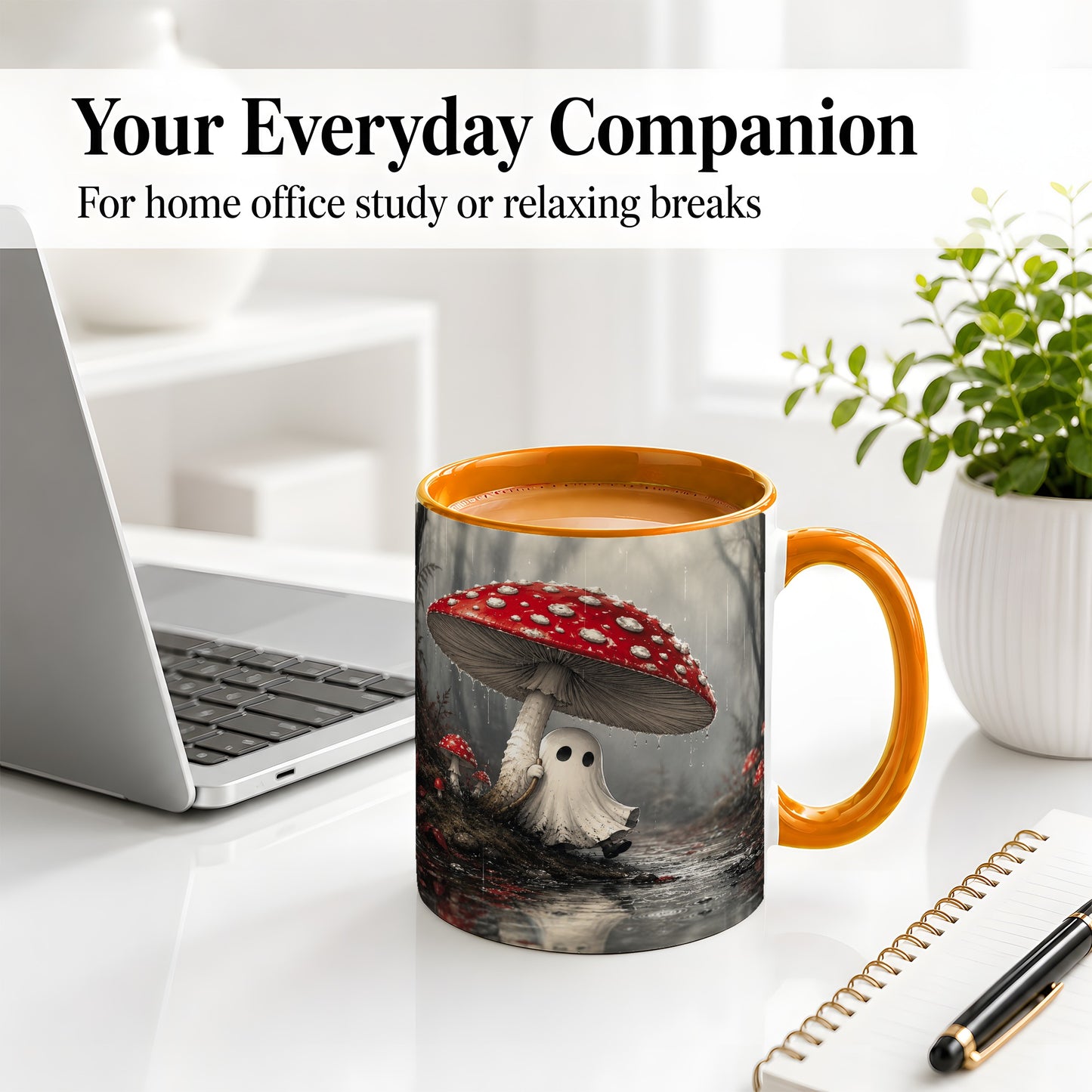 #pl[11oz|Orange] Rainy Mushroom Ghost Ceramic Mug, Spooky Forest Art for Ghost Fans