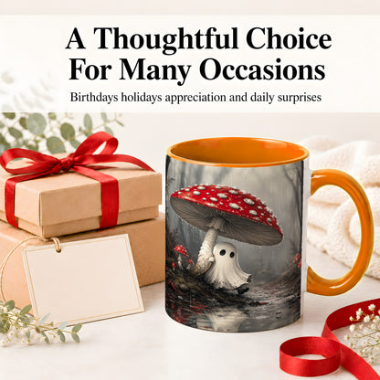 #pl[11oz|Orange] Rainy Mushroom Ghost Ceramic Mug, Spooky Forest Art for Ghost Fans