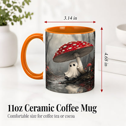 #pl[11oz|Orange] Rainy Mushroom Ghost Ceramic Mug, Spooky Forest Art for Ghost Fans