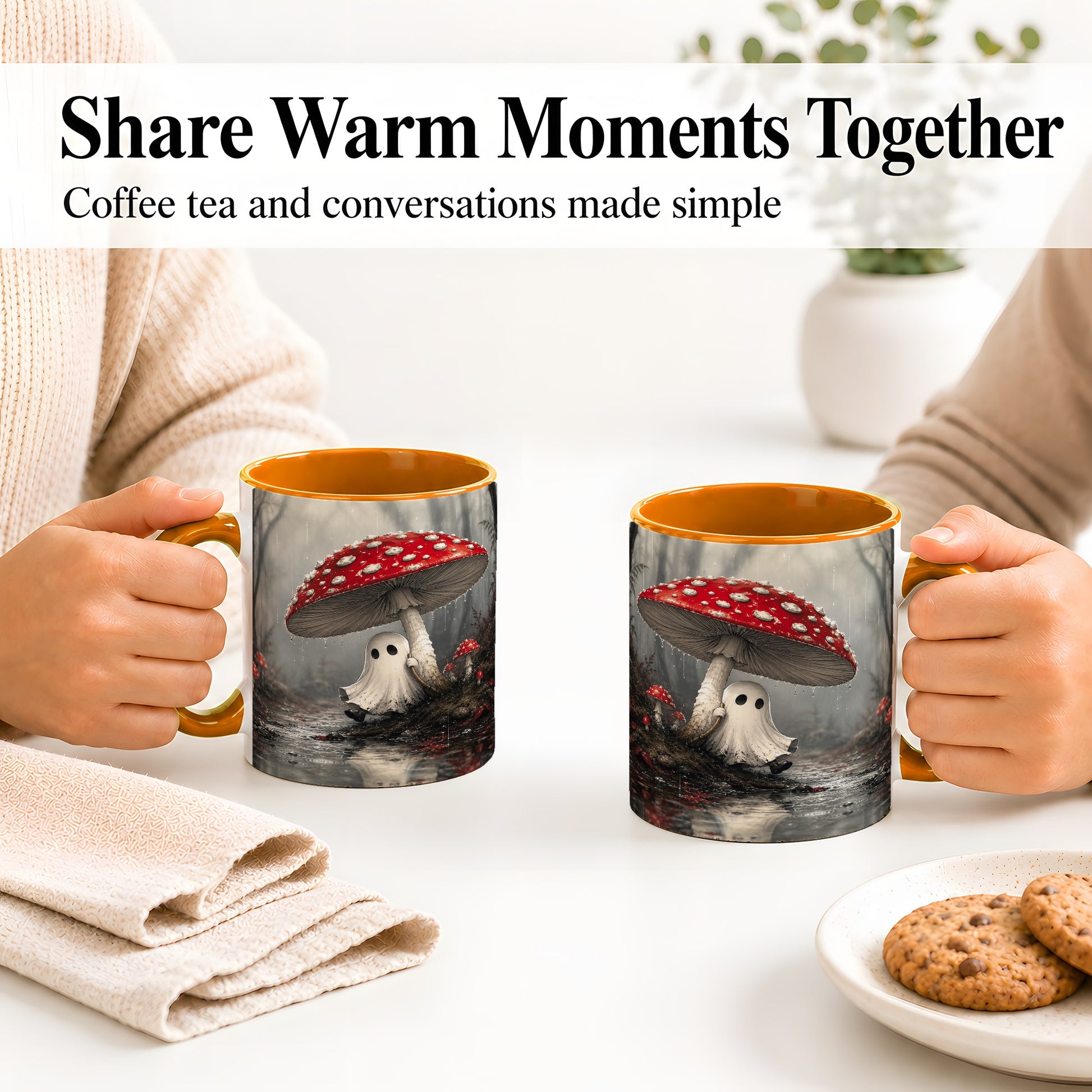 #pl[11oz|Orange] Rainy Mushroom Ghost Ceramic Mug, Spooky Forest Art for Ghost Fans