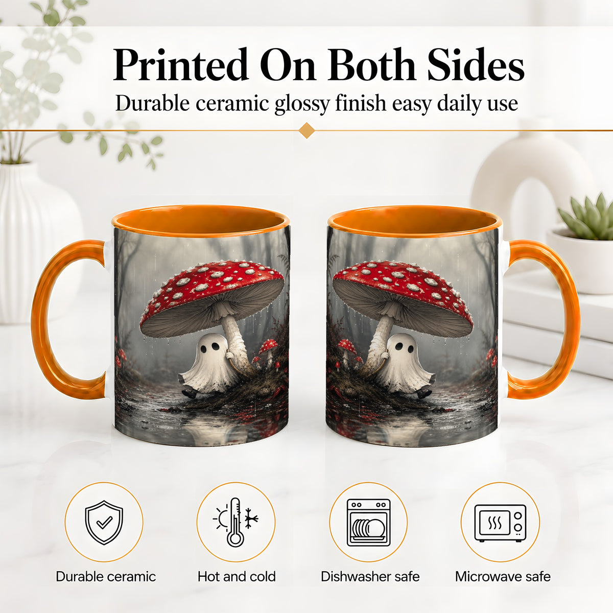 #pl[11oz|Orange] Rainy Mushroom Ghost Ceramic Mug, Spooky Forest Art for Ghost Fans