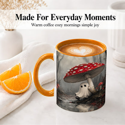 #pl[11oz|Orange] Rainy Mushroom Ghost Ceramic Mug, Spooky Forest Art for Ghost Fans