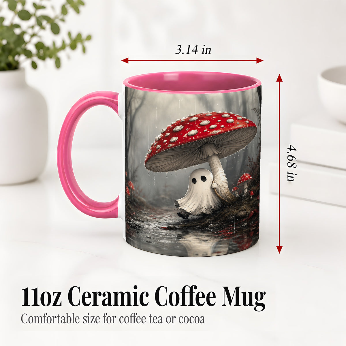 #pl[11oz|Pink] Rainy Mushroom Ghost Ceramic Mug, Spooky Forest Art for Ghost Fans