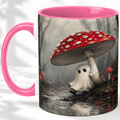 #pl[11oz|Pink] Rainy Mushroom Ghost Ceramic Mug, Spooky Forest Art for Ghost Fans