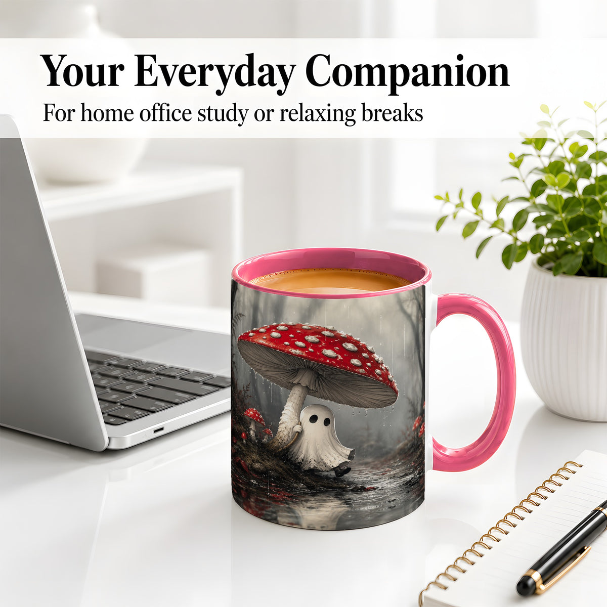 #pl[11oz|Pink] Rainy Mushroom Ghost Ceramic Mug, Spooky Forest Art for Ghost Fans