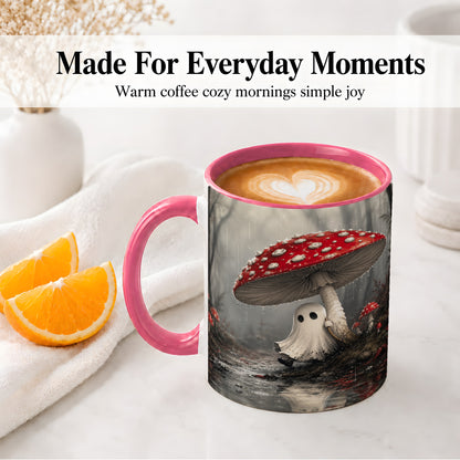 #pl[11oz|Pink] Rainy Mushroom Ghost Ceramic Mug, Spooky Forest Art for Ghost Fans