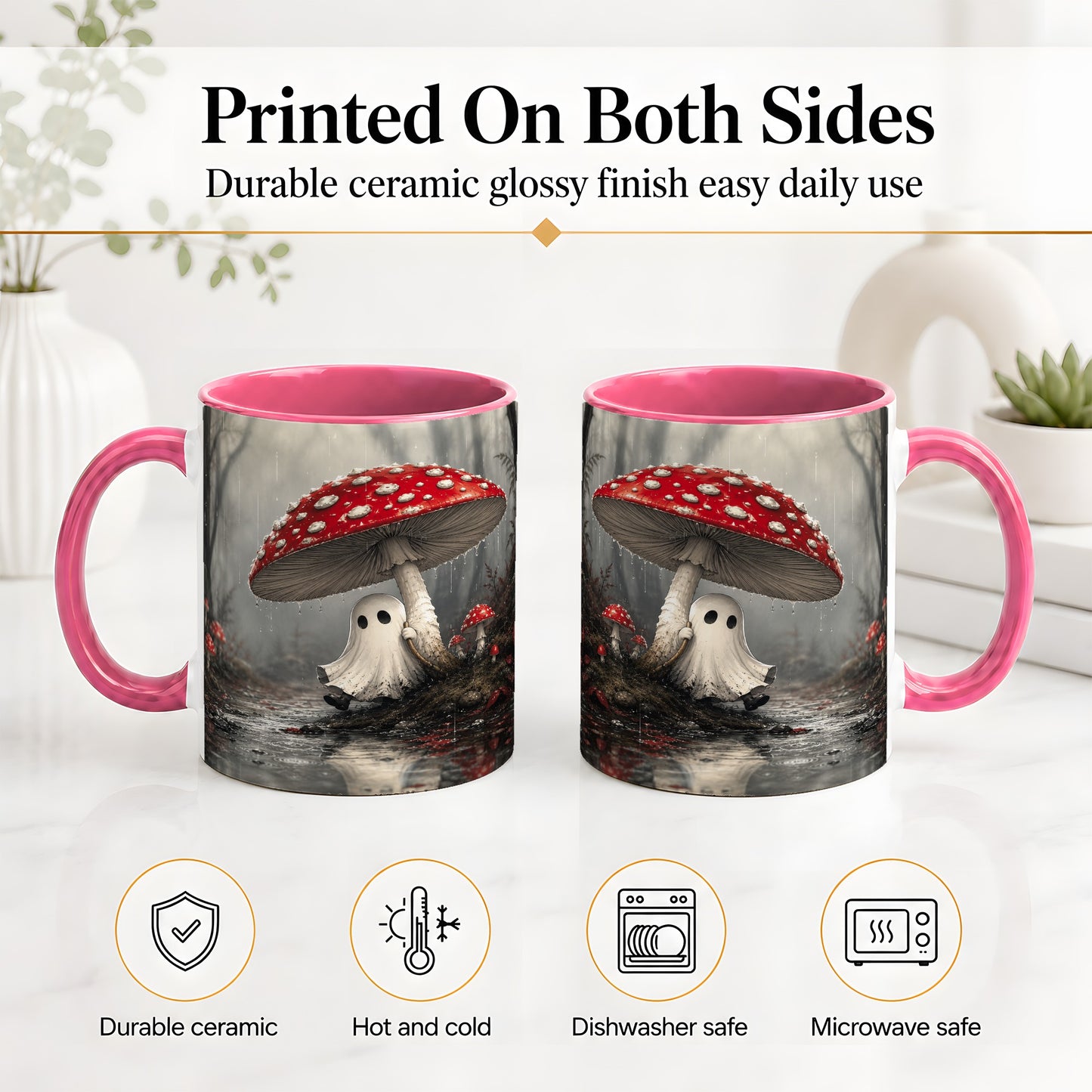#pl[11oz|Pink] Rainy Mushroom Ghost Ceramic Mug, Spooky Forest Art for Ghost Fans