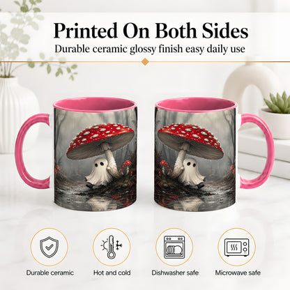 #pl[11oz|Pink] Rainy Mushroom Ghost Ceramic Mug, Spooky Forest Art for Ghost Fans