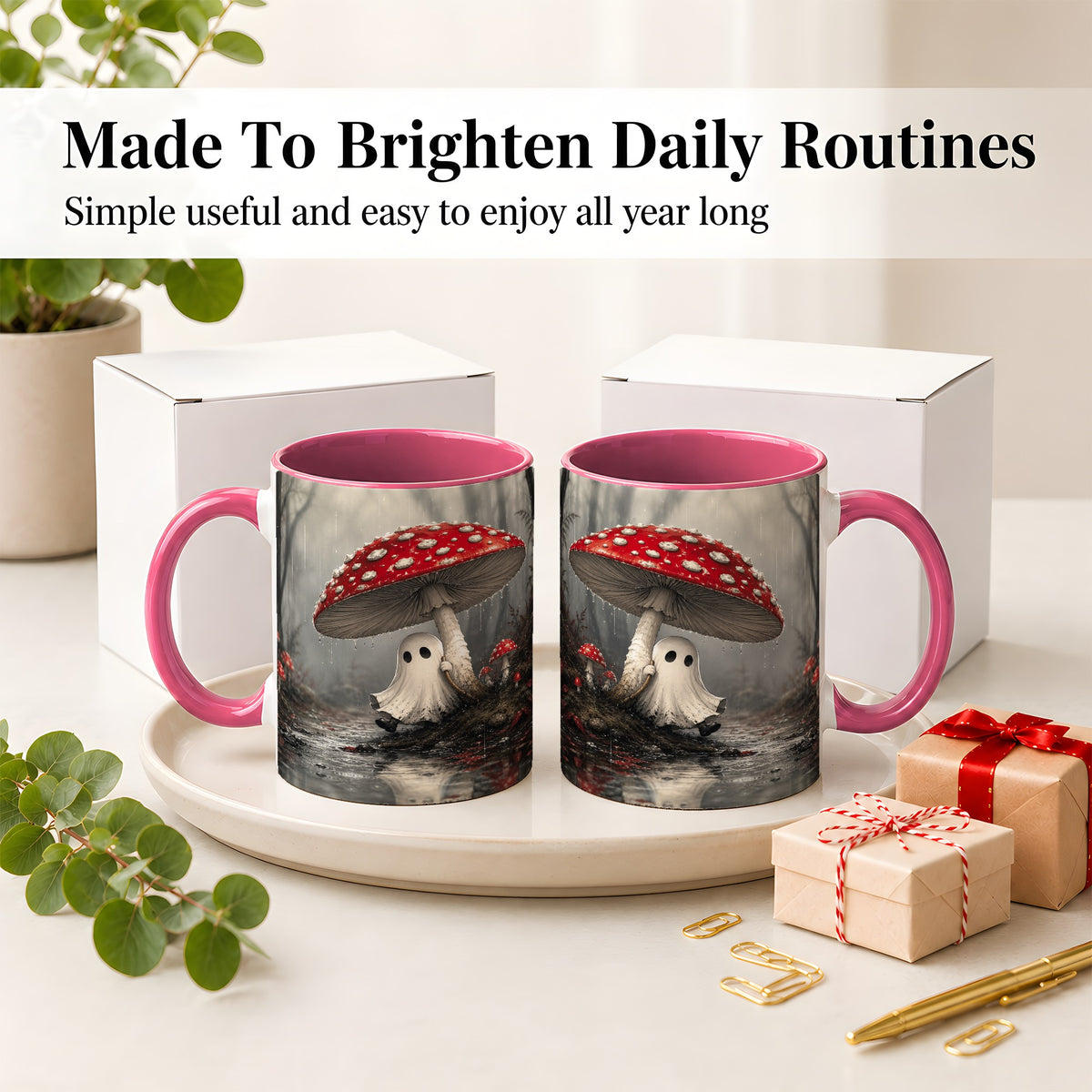 #pl[11oz|Pink] Rainy Mushroom Ghost Ceramic Mug, Spooky Forest Art for Ghost Fans