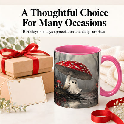 #pl[11oz|Pink] Rainy Mushroom Ghost Ceramic Mug, Spooky Forest Art for Ghost Fans