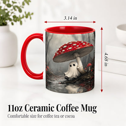#pl[11oz|Red] Rainy Mushroom Ghost Ceramic Mug, Spooky Forest Art for Ghost Fans