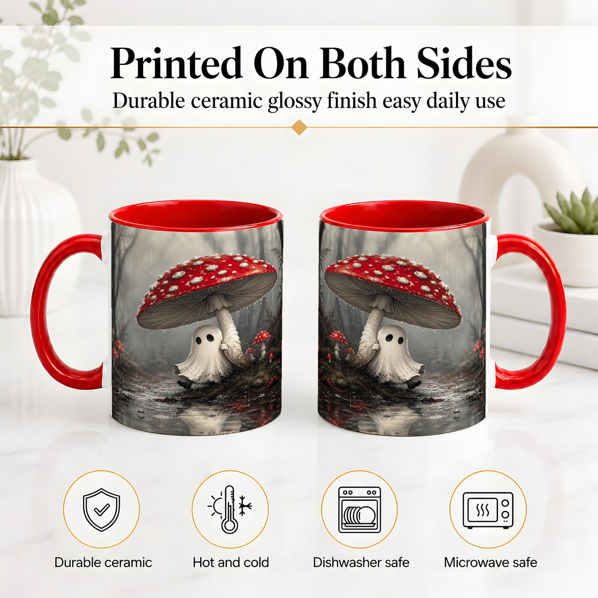 #pl[11oz|Red] Rainy Mushroom Ghost Ceramic Mug, Spooky Forest Art for Ghost Fans