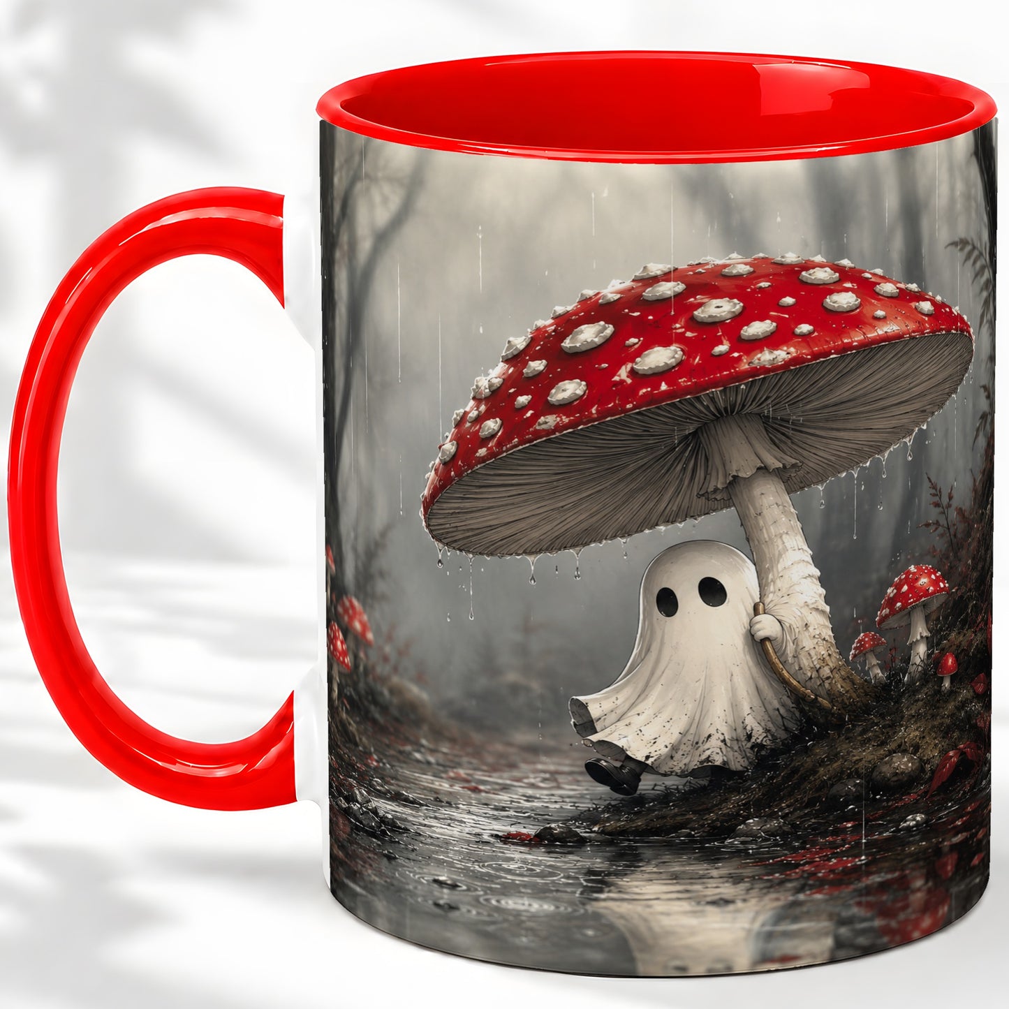 Rainy Mushroom Ghost Ceramic Mug, Spooky Forest Art for Ghost Fans