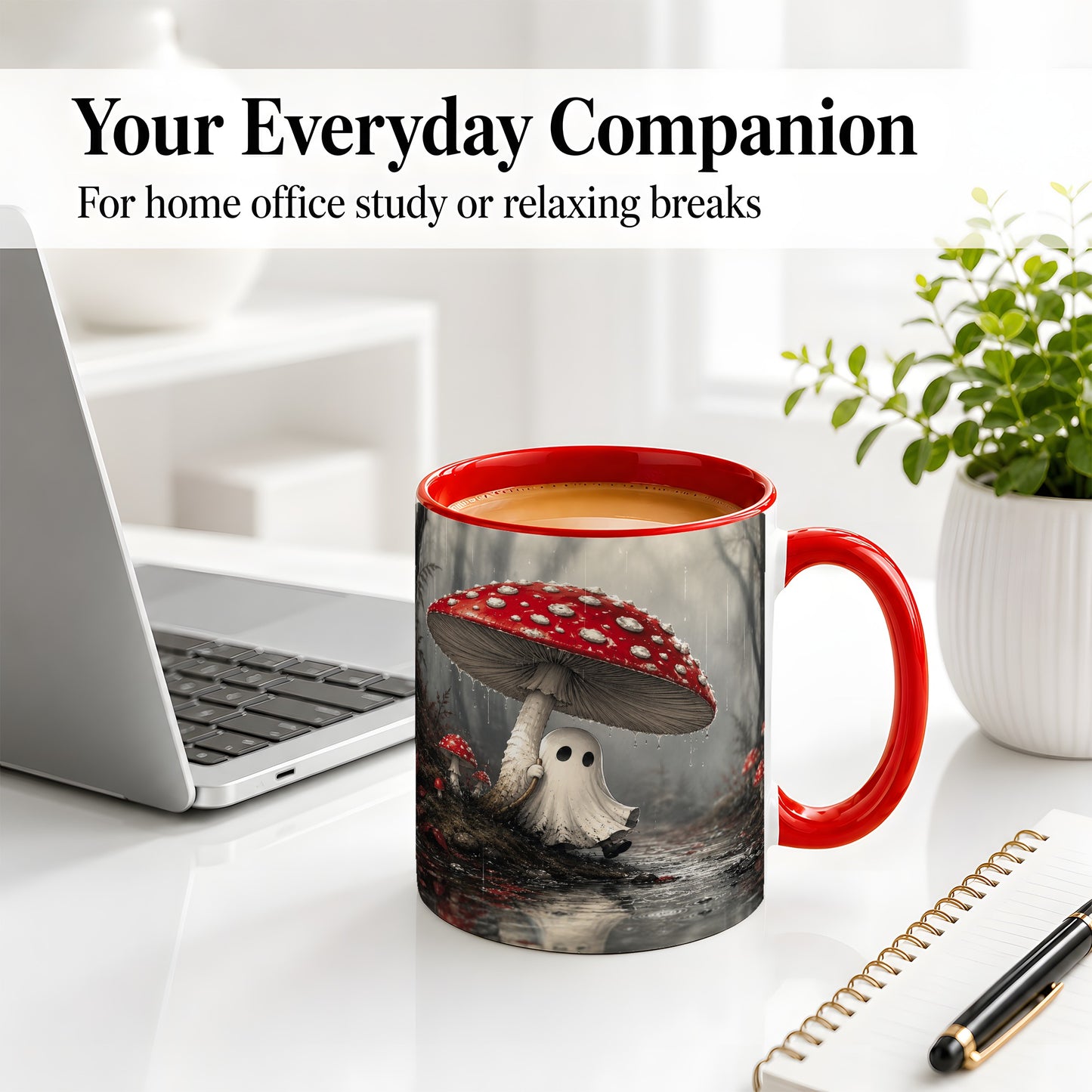 #pl[11oz|Red] Rainy Mushroom Ghost Ceramic Mug, Spooky Forest Art for Ghost Fans