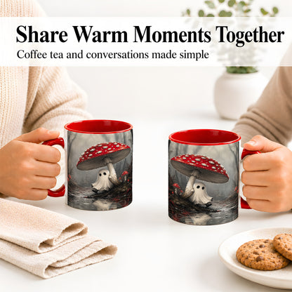 #pl[11oz|Red] Rainy Mushroom Ghost Ceramic Mug, Spooky Forest Art for Ghost Fans