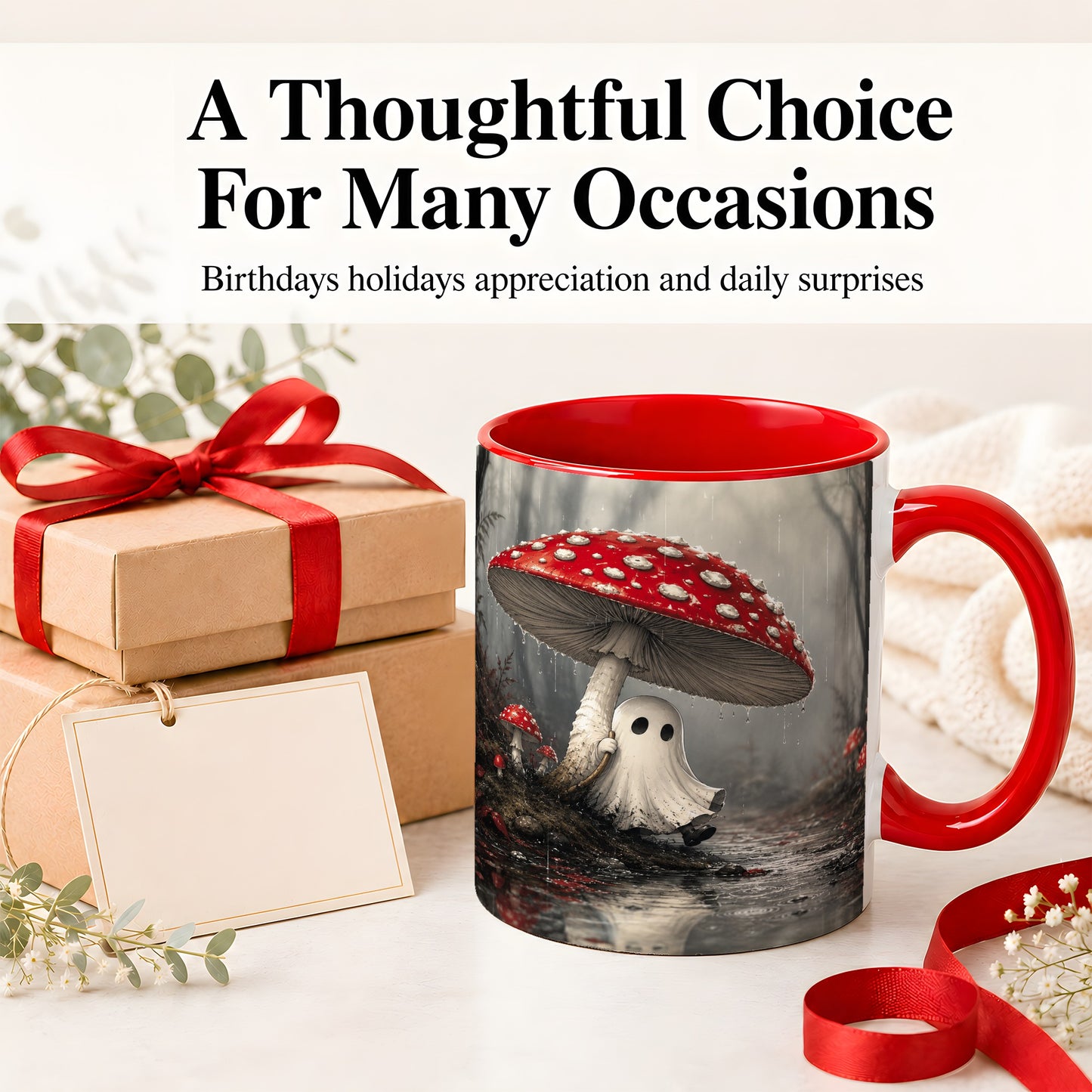 #pl[11oz|Red] Rainy Mushroom Ghost Ceramic Mug, Spooky Forest Art for Ghost Fans