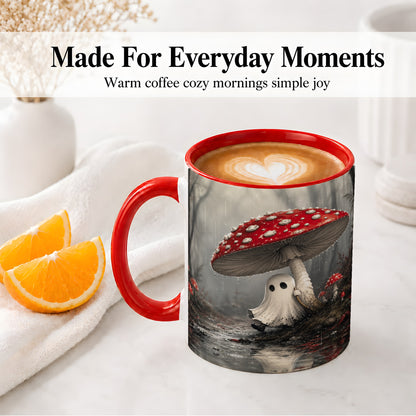 #pl[11oz|Red] Rainy Mushroom Ghost Ceramic Mug, Spooky Forest Art for Ghost Fans