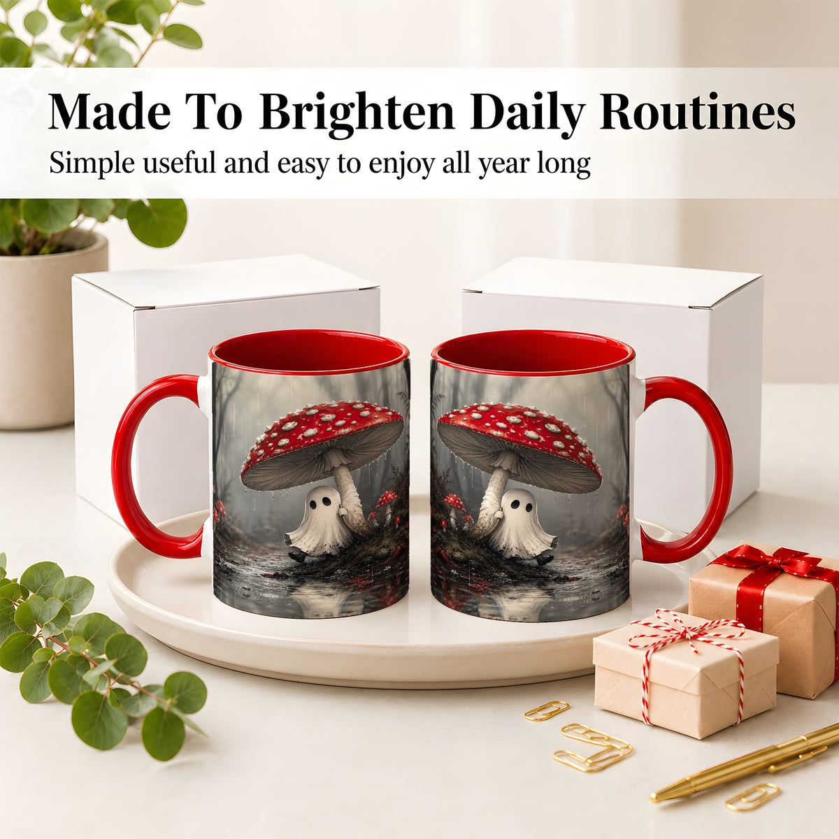 #pl[11oz|Red] Rainy Mushroom Ghost Ceramic Mug, Spooky Forest Art for Ghost Fans