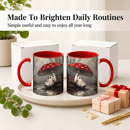 #pl[11oz|Red] Rainy Mushroom Ghost Ceramic Mug, Spooky Forest Art for Ghost Fans