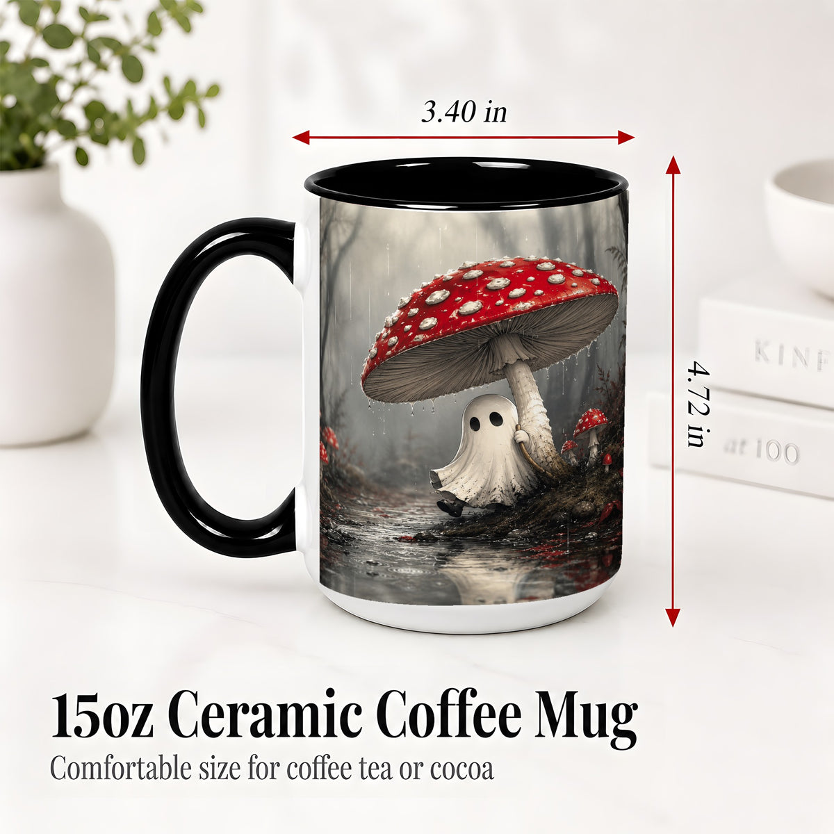 #pl[15oz|Black] Rainy Mushroom Ghost Ceramic Mug, Spooky Forest Art for Ghost Fans