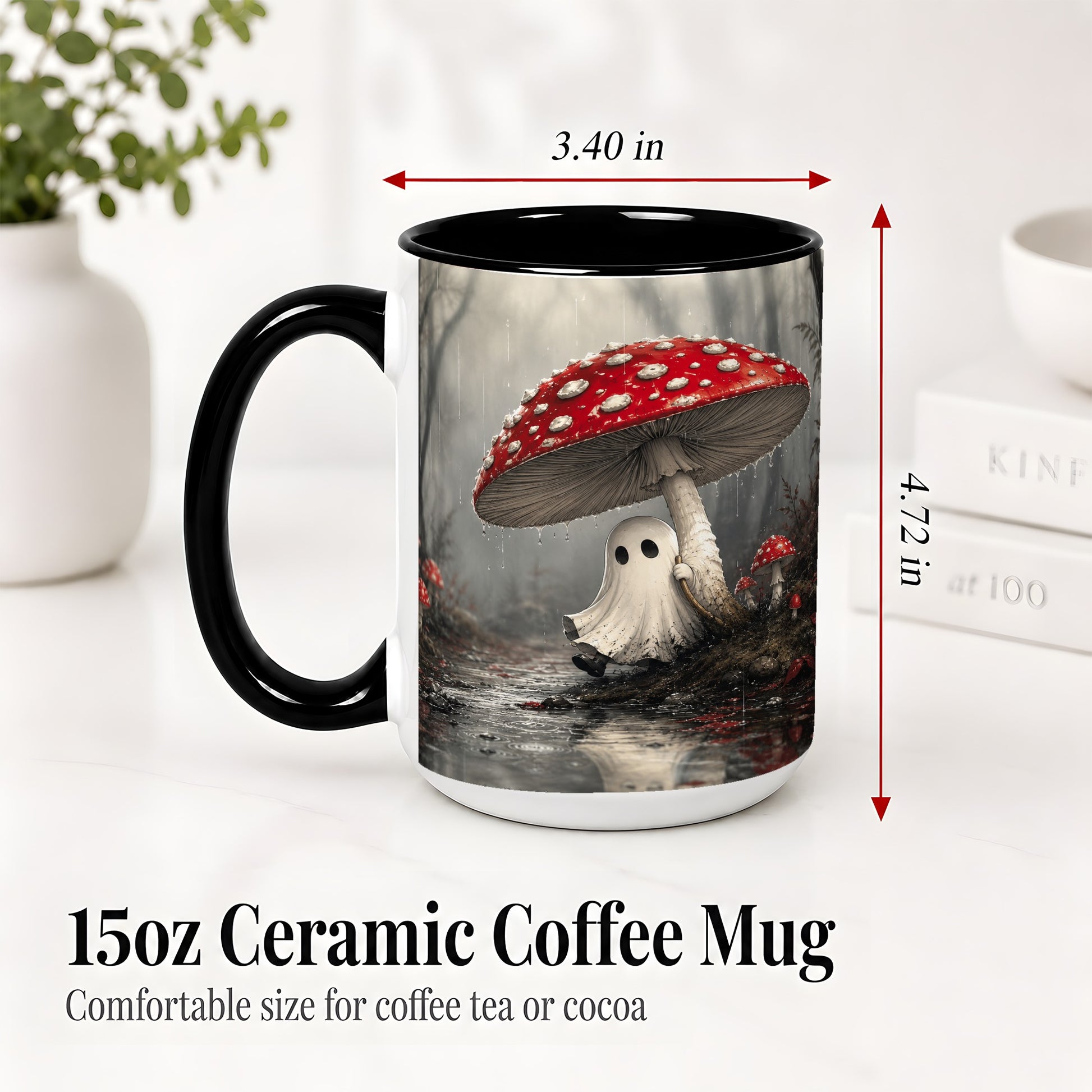 #pl[15oz|Black] Rainy Mushroom Ghost Ceramic Mug, Spooky Forest Art for Ghost Fans