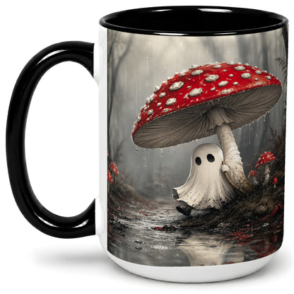#pl[15oz|Black] Rainy Mushroom Ghost Ceramic Mug, Spooky Forest Art for Ghost Fans