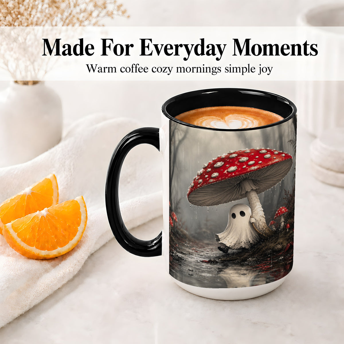 #pl[15oz|Black] Rainy Mushroom Ghost Ceramic Mug, Spooky Forest Art for Ghost Fans