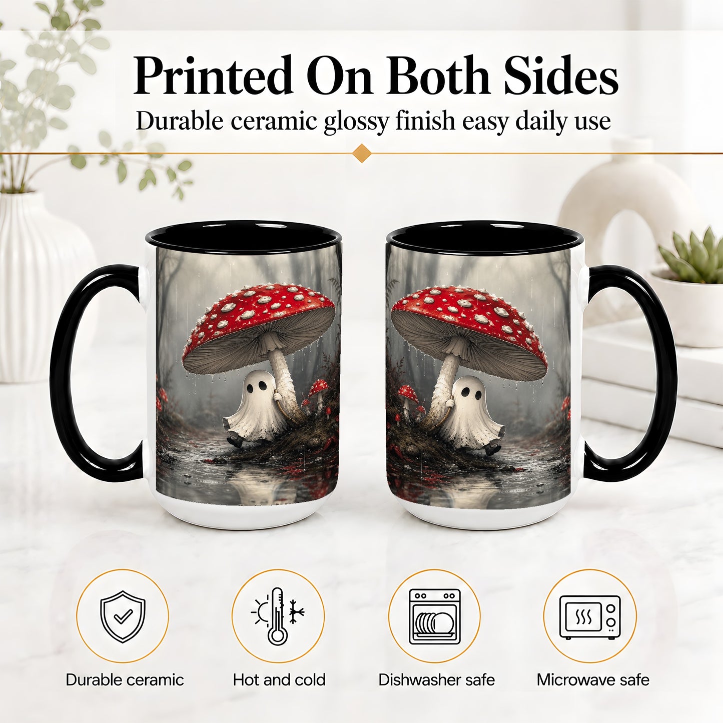 #pl[15oz|Black] Rainy Mushroom Ghost Ceramic Mug, Spooky Forest Art for Ghost Fans