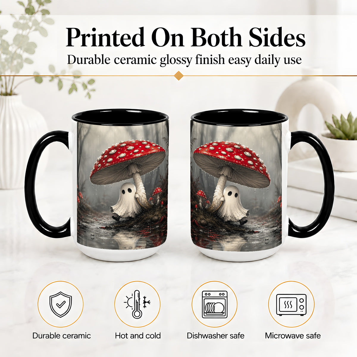 #pl[15oz|Black] Rainy Mushroom Ghost Ceramic Mug, Spooky Forest Art for Ghost Fans