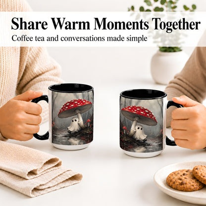 #pl[15oz|Black] Rainy Mushroom Ghost Ceramic Mug, Spooky Forest Art for Ghost Fans