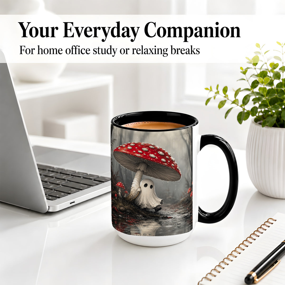 #pl[15oz|Black] Rainy Mushroom Ghost Ceramic Mug, Spooky Forest Art for Ghost Fans